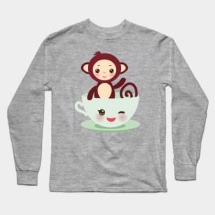 Cute Kawaii cup with brown monkey Long Sleeve T-Shirt